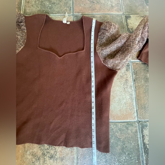 Anthropologie  Dolan Sheer Animal Print Puff-Sleeve Brown Sweater Size 3X - Picture 6 of 11